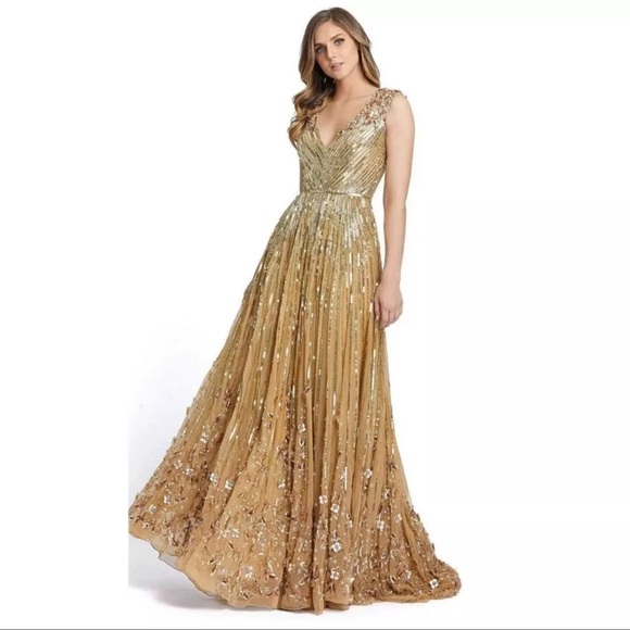Mac Duggal Sequin Floral Embellished Evening Gown in Champagne Gold NWOT - Picture 1 of 8